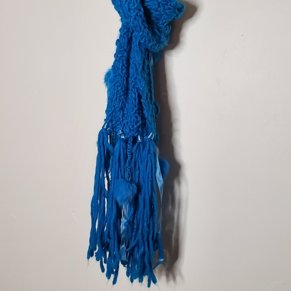 Cerulean Blue Blocked Knit Scarf with Ribbons and Angora Rabbit Hair Puffs - Picture 8 of 11